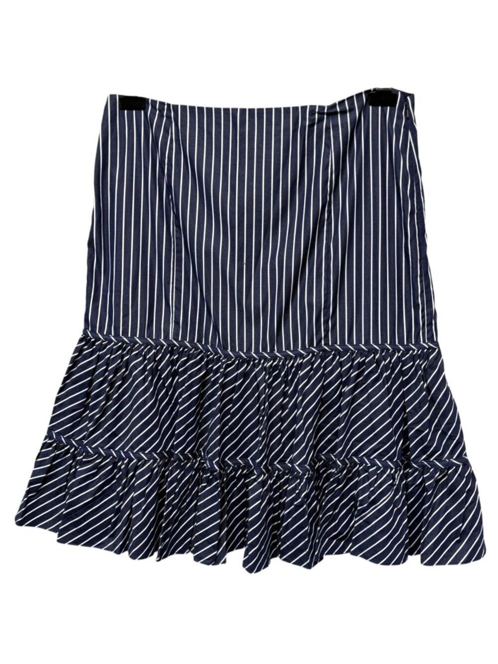 LAUREN Ralph Lauren Skirt Navy Stripe Ruffle Hem Size 12 Cotton Midi Preppy
